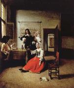 Pieter de Hooch Weintrinkende woman in the middle of these men oil painting on canvas